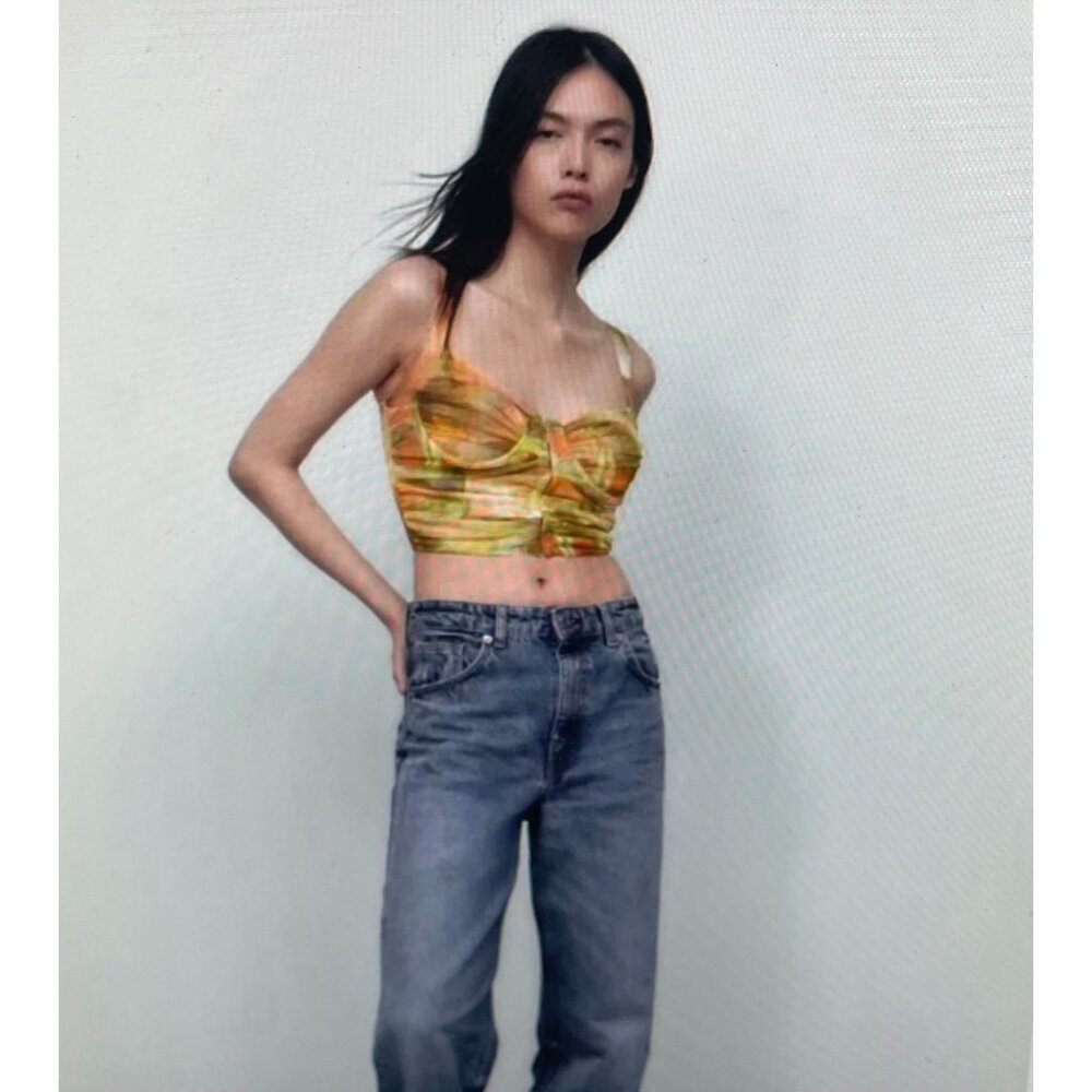 Zara Womens M Green & Orange Floral Sheer Mesh Ruched Sleeveless Crop Top